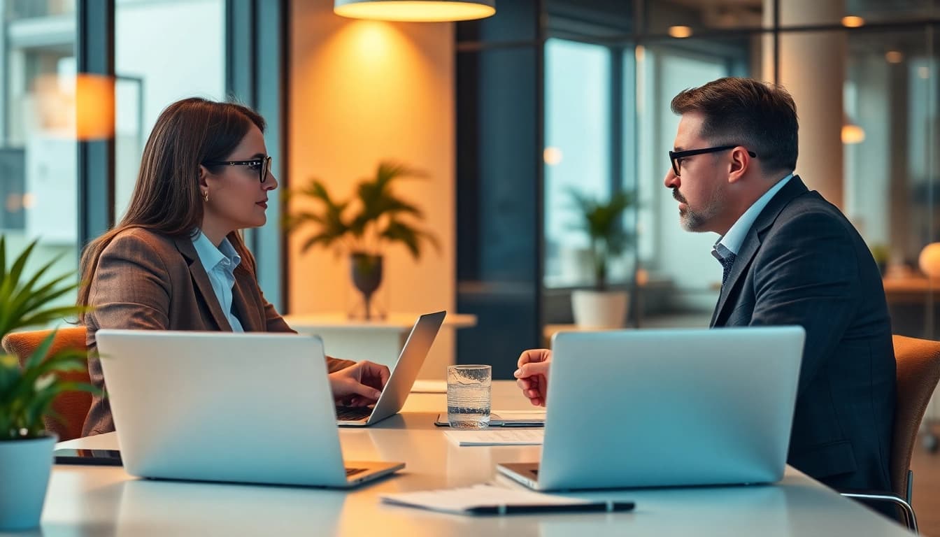 Unternehmensberatung: Berater führen ein produktives Gespräch in einem modernen Büro mit Laptops und Notizen.