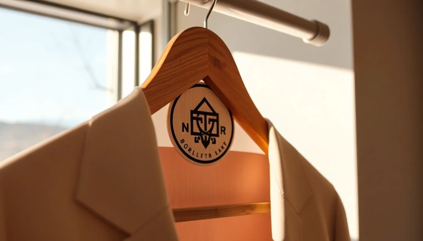 Kleiderbügel mit eigenem Logo, hochwertiges Holzdesign, ideal für Markenpräsentation und Kundenbindung.