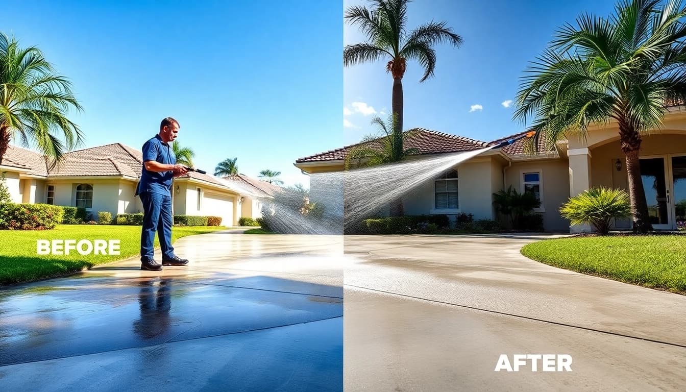Driveway pressure wash showing a technician cleaning a stained concrete driveway in Kissimmee, FL.
