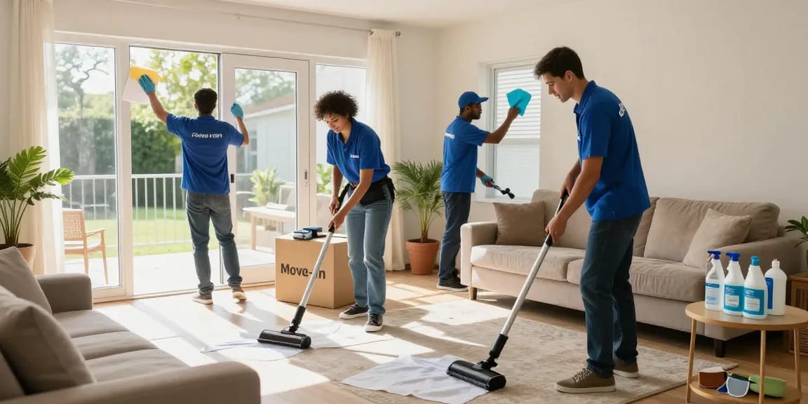 Professional umzugsreinigung solothurn team cleaning a bright living room, ensuring a spotless move-in experience.