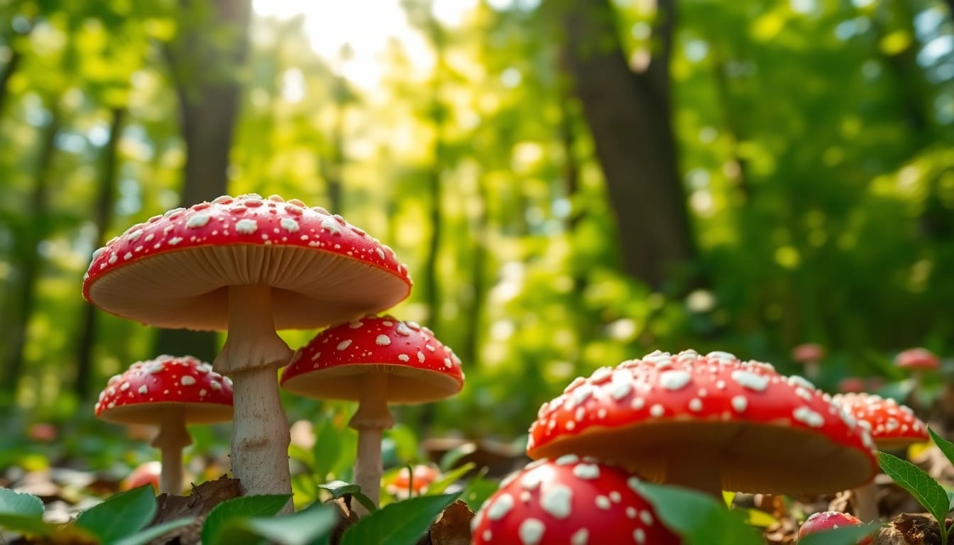 Amanita muscaria kaufen in lauschiger Waldumgebung mit leuchtenden Farben und beruhigender Atmosphäre.
