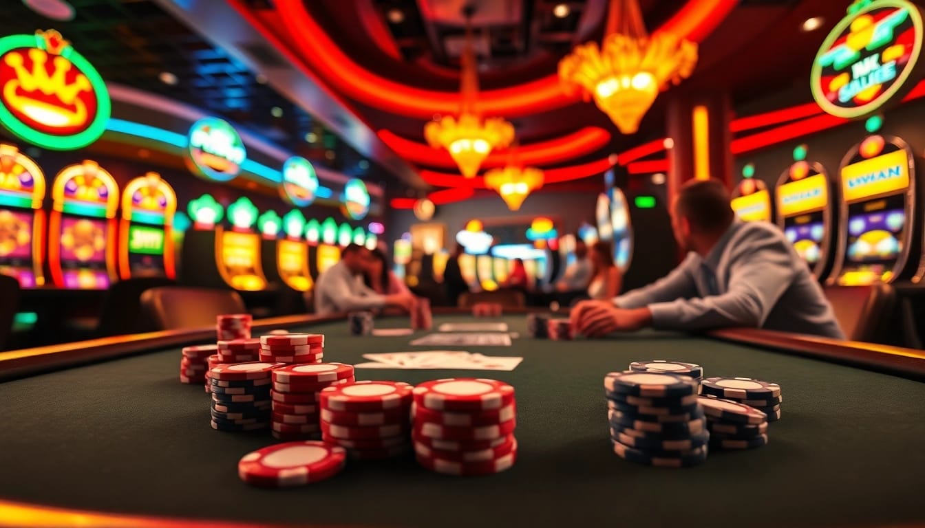 Aktive Spieler am Tisch mit Pokerkarten und Chips auf casinospielen.de in einem lebhaften Casino.