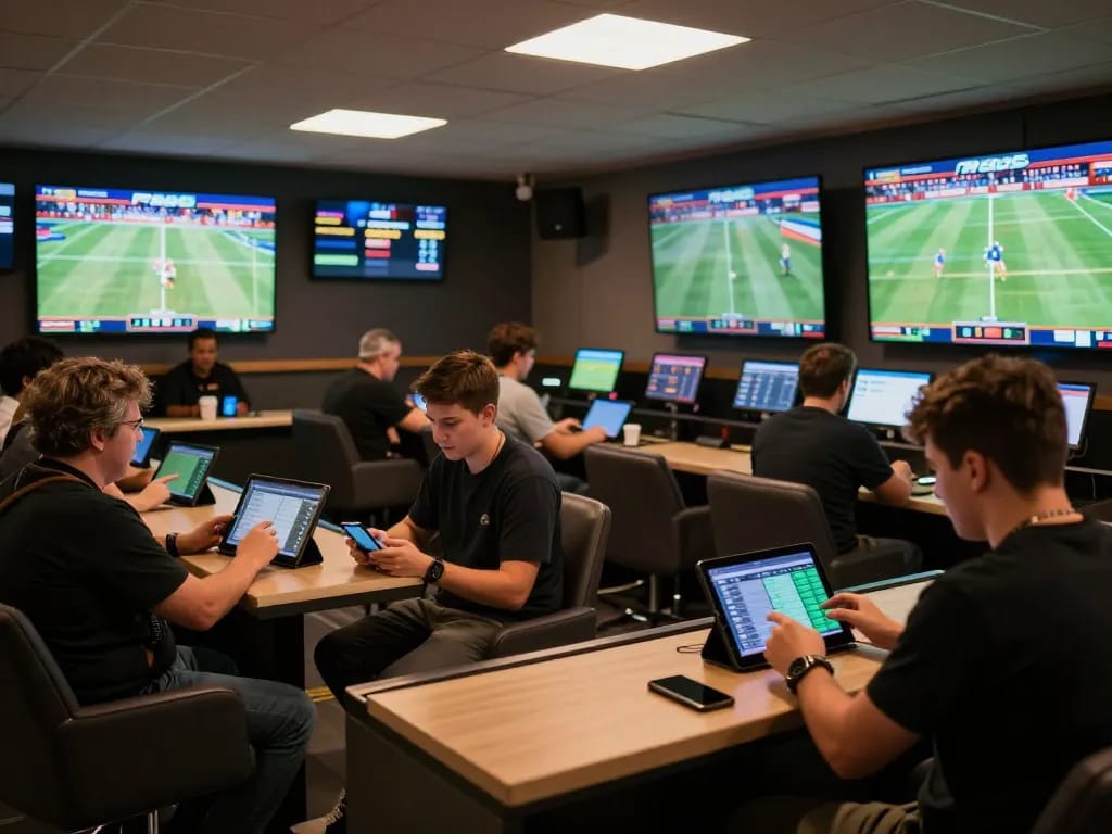 Place bets seamlessly at F168's professional sports betting lounge with excited bettors analyzing odds and enjoying the atmosphere.