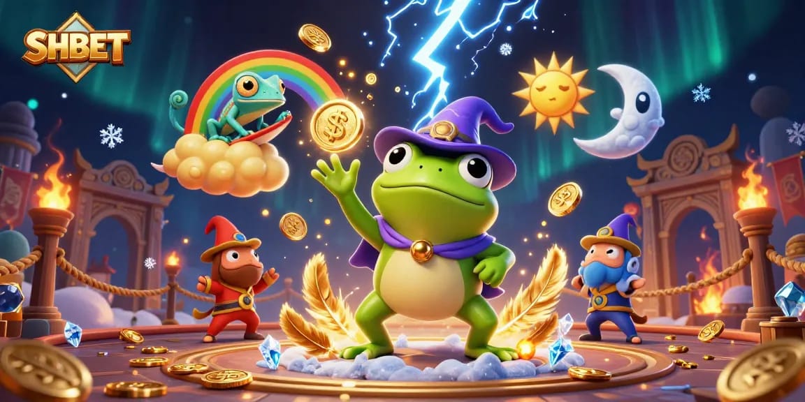 Engage with SHBET's exciting games in a vibrant 3D casino illustration featuring a storm of golden coins.