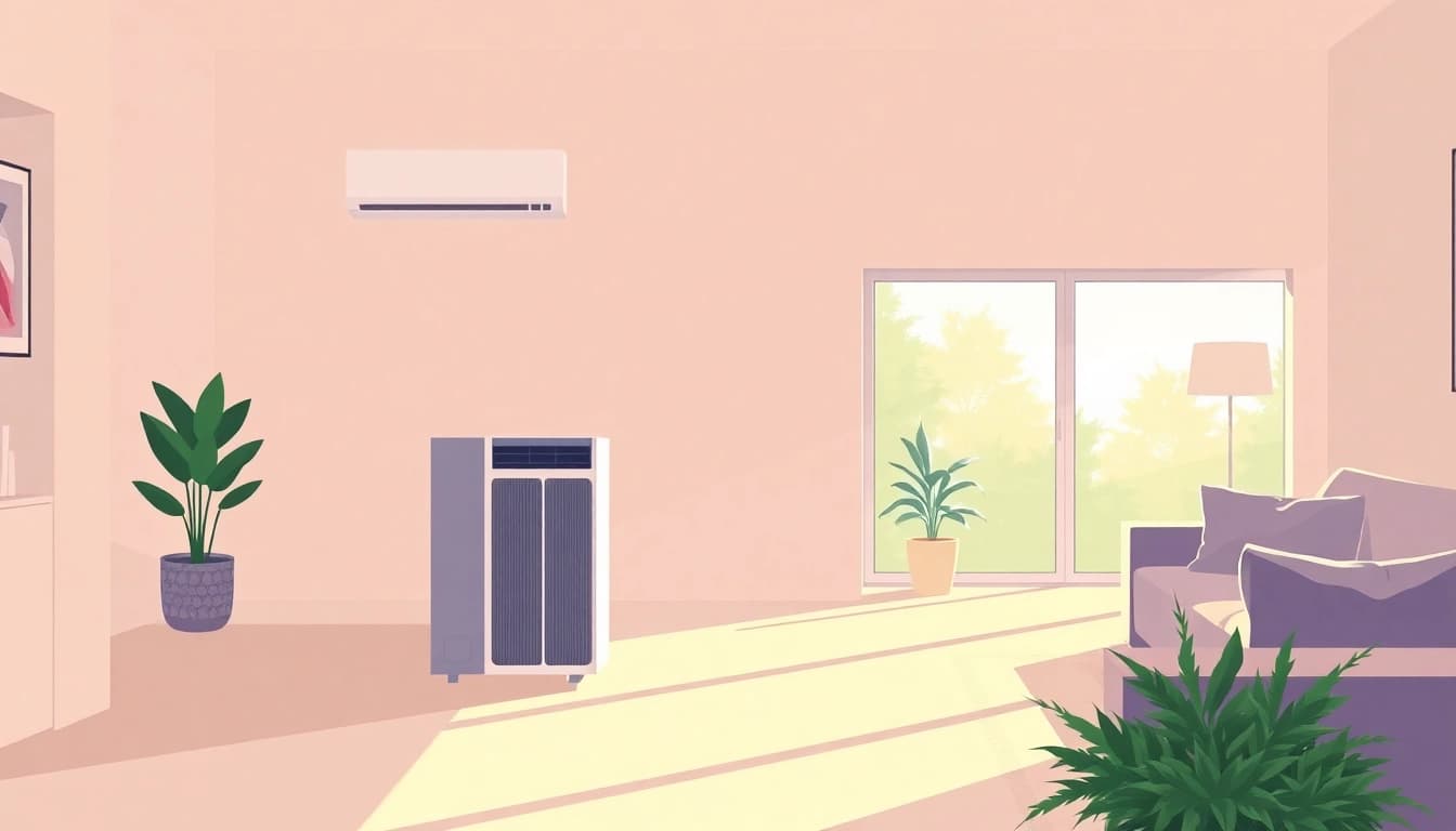 Klimaanlagen unit elegantly cooling a stylish living room with warm lighting and minimalistic decor.