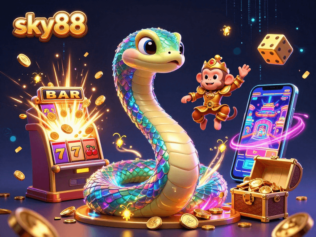 Engaging gaming scene at sky88 showcasing vibrant characters and exciting casino elements, inviting players.