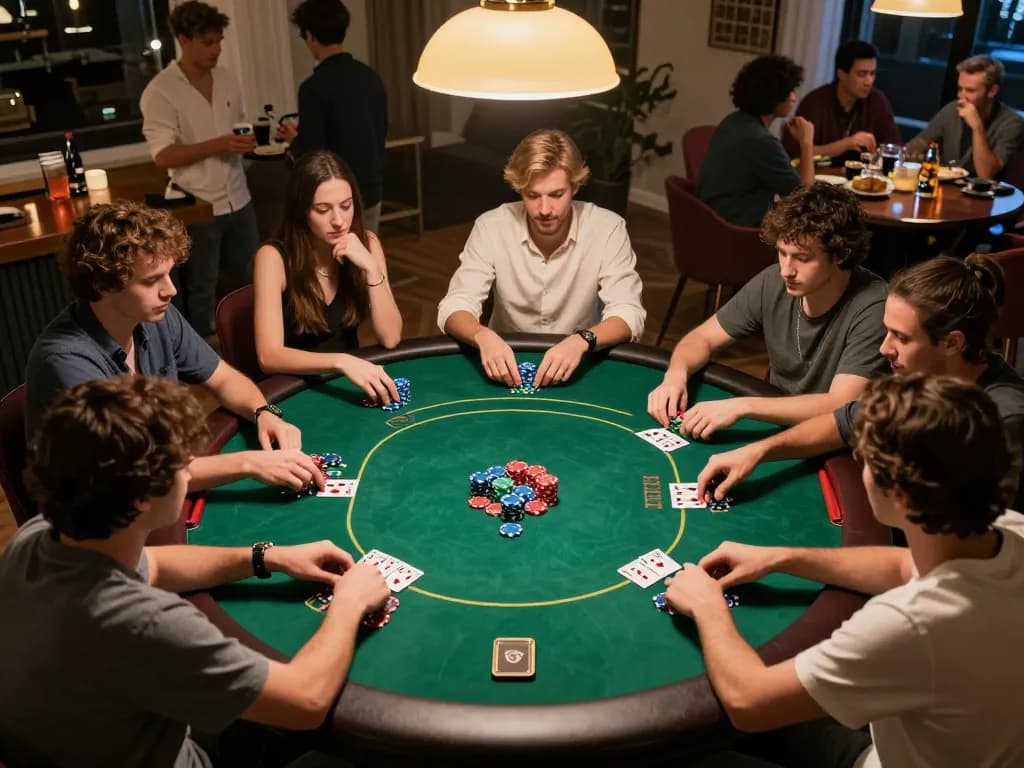 Playing poker with friends during an exciting home game night at mb668, vibrant chips and cards creating a thrilling atmosphere.