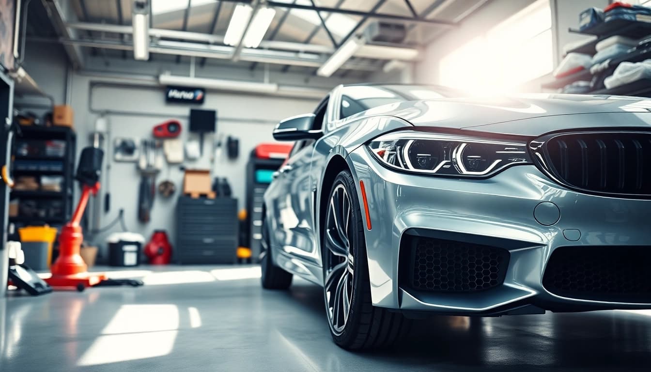 Professionelle BMW Nachrüstung mit modernem Upgrade in einer Werkstatt.