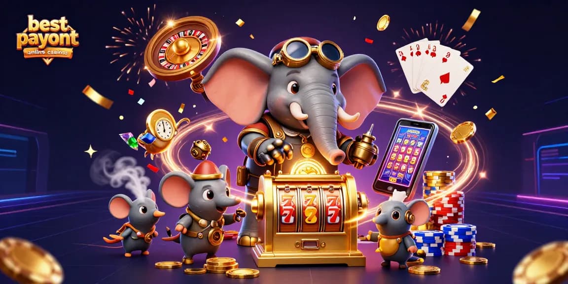 Exciting scene showcasing the best payout online casinos featuring a steampunk elephant engineer with slot machines, coins, and poker elements.
