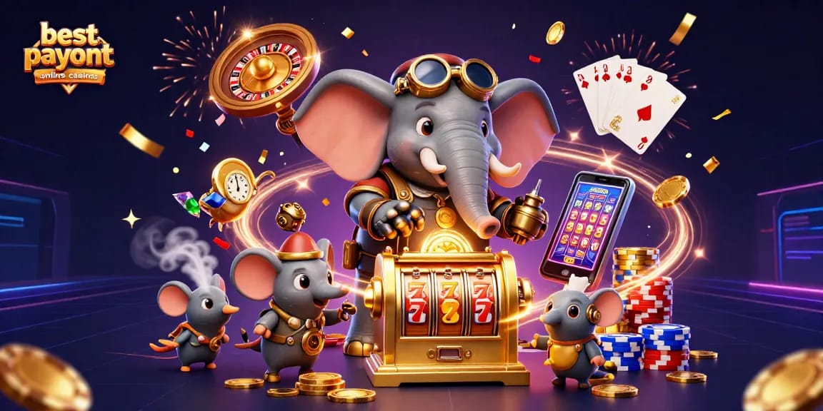 Exciting scene showcasing the best payout online casinos featuring a steampunk elephant engineer with slot machines, coins, and poker elements.
