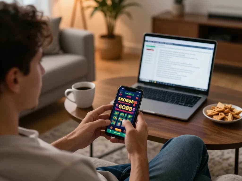 Player engaging with the GO88 app on smartphone in cozy home setting, promoting online gaming.