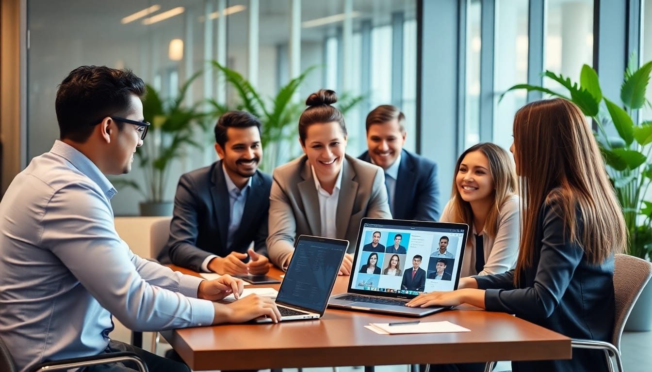 Headhunter collaborating with professionals in a modern office setting, evaluating candidate profiles.