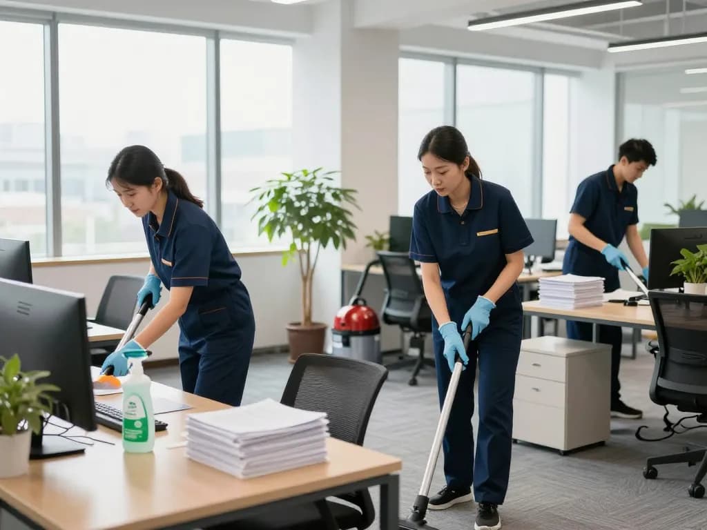Reinigungsservice fürs Büro in Münster mit Team, das Schreibtische reinigt und umweltfreundliche Produkte in modernem Büro verwendet.