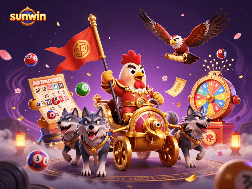 Experience the thrill at sunwin with a dynamic casino scene featuring a rooster warlord and colorful gaming elements.