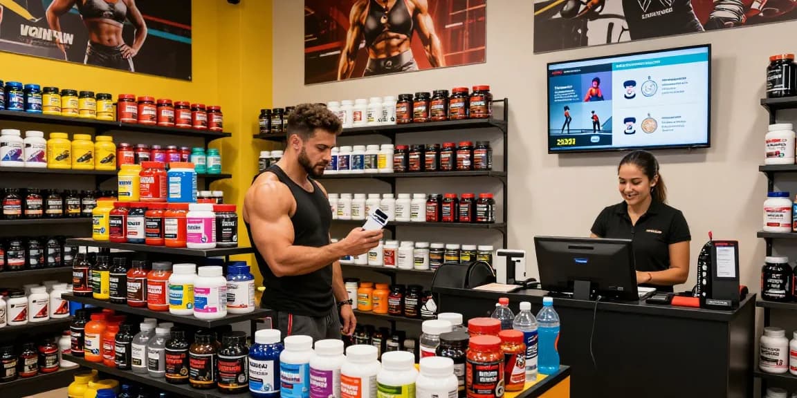 Anabolika Shop interior with customers exploring anabolic steroids and supplements for bodybuilding.