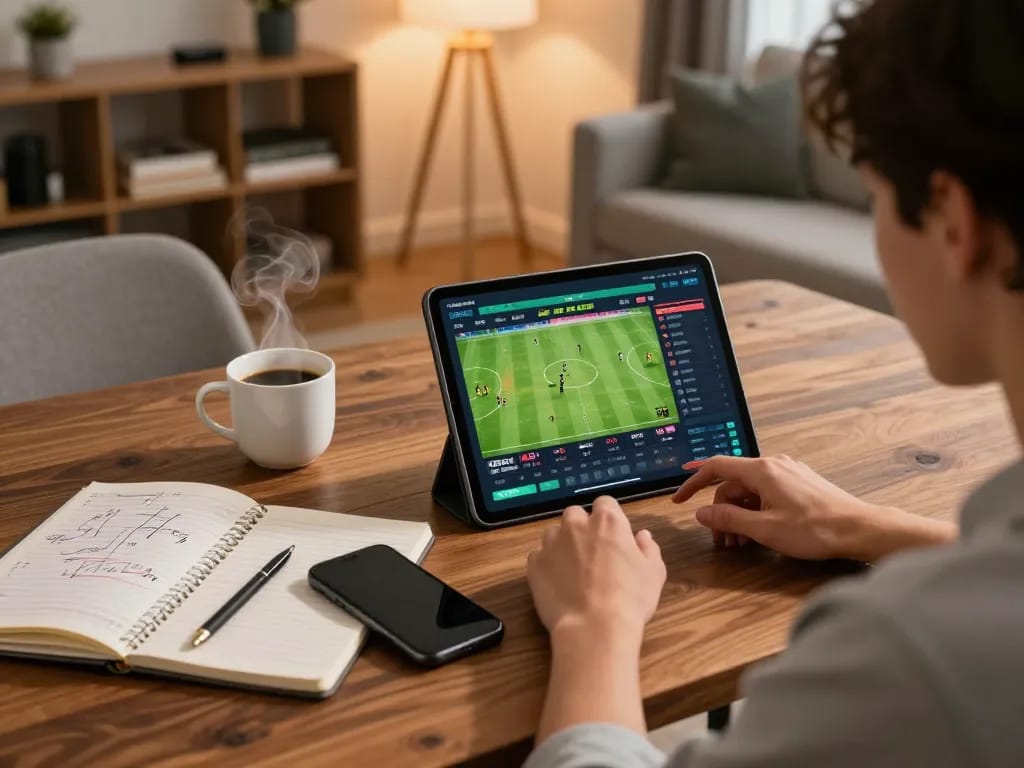 Engaging in soi kèo sports betting at home with live odds displayed on a tablet and strategic notes nearby.