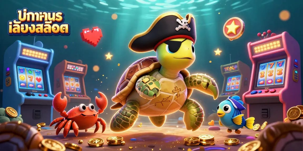 Engage in ทดลองเล่นสล็อต with a vibrant scene featuring playful characters above sunken treasure, illustrating casino excitement.