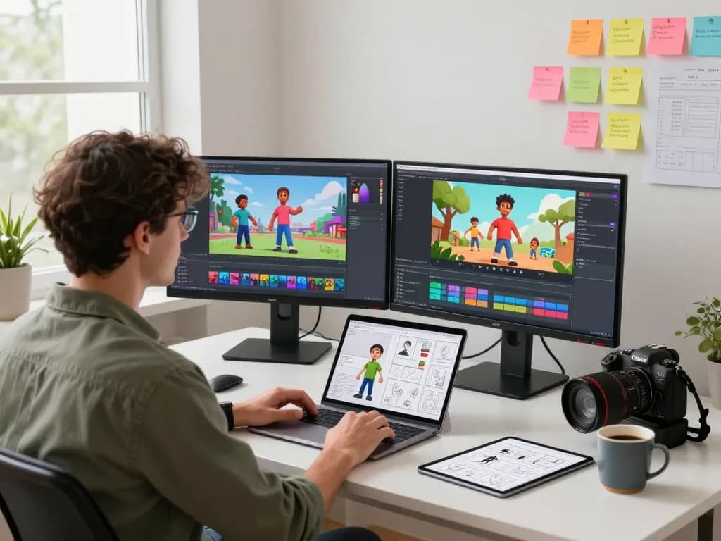 Professional using motion control ai to animate characters in a modern workspace.