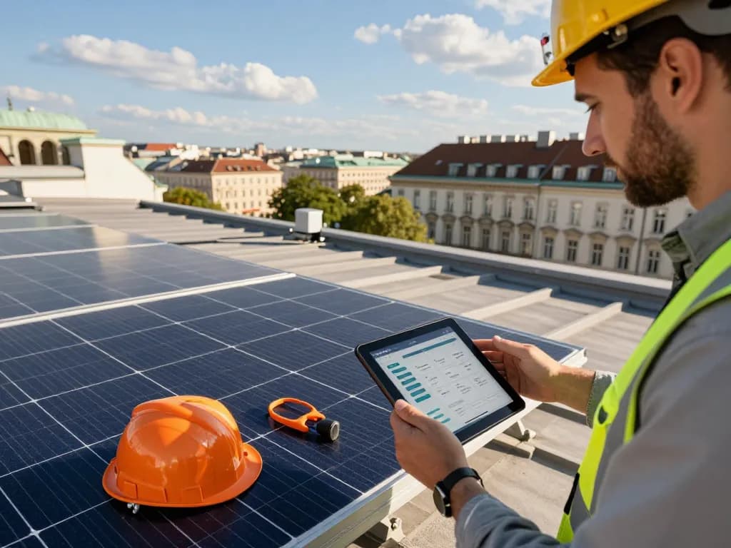 Solar Wien Dachsolarpanels, die in der Stadtlandschaft Wiens inspiziert werden.