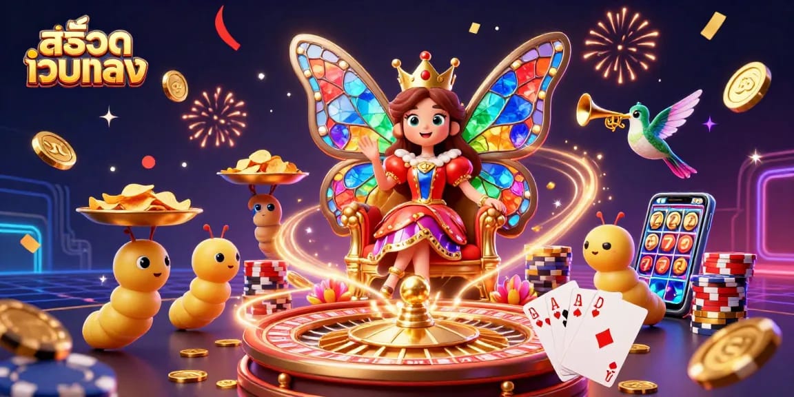 Experience exciting สล็อตเว็บตรง action with a vibrant 3D casino scene featuring a butterfly queen and colorful gaming elements.