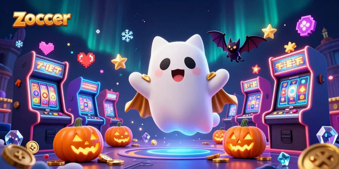 Experience exciting zoccer gameplay in this vibrant, haunted casino scene with playful characters.