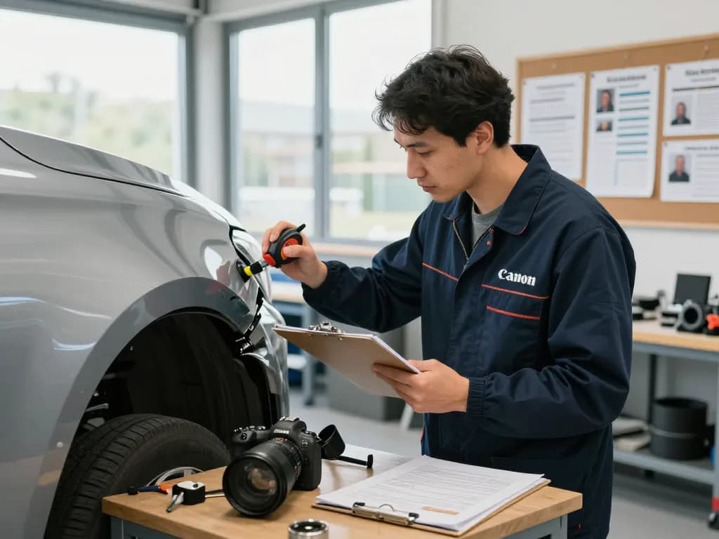 Experte Gutachter Eschweiler inspiziert Fahrzeugschäden in einer professionellen Werkstatt.