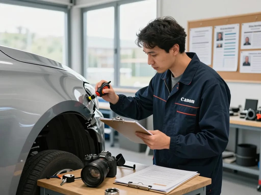 Experte Gutachter Eschweiler inspiziert Fahrzeugschäden in einer professionellen Werkstatt.