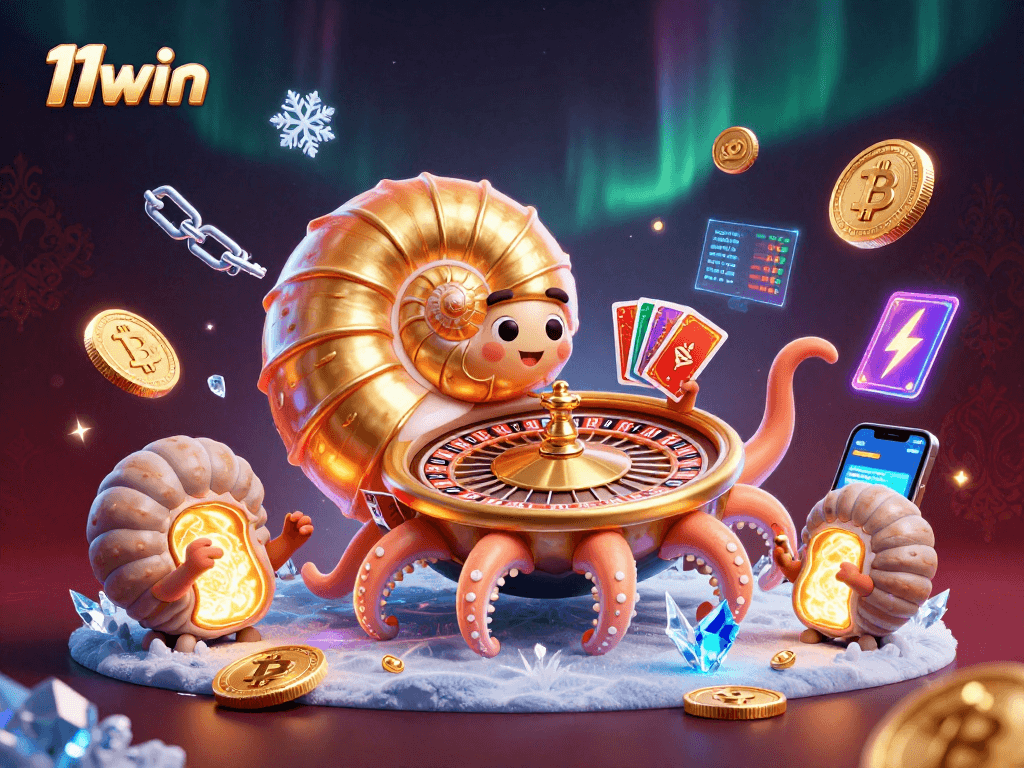 Bet on 11win at a vibrant 3D casino scene featuring glowing Bitcoin coins and a giant nautilus roulette wheel.