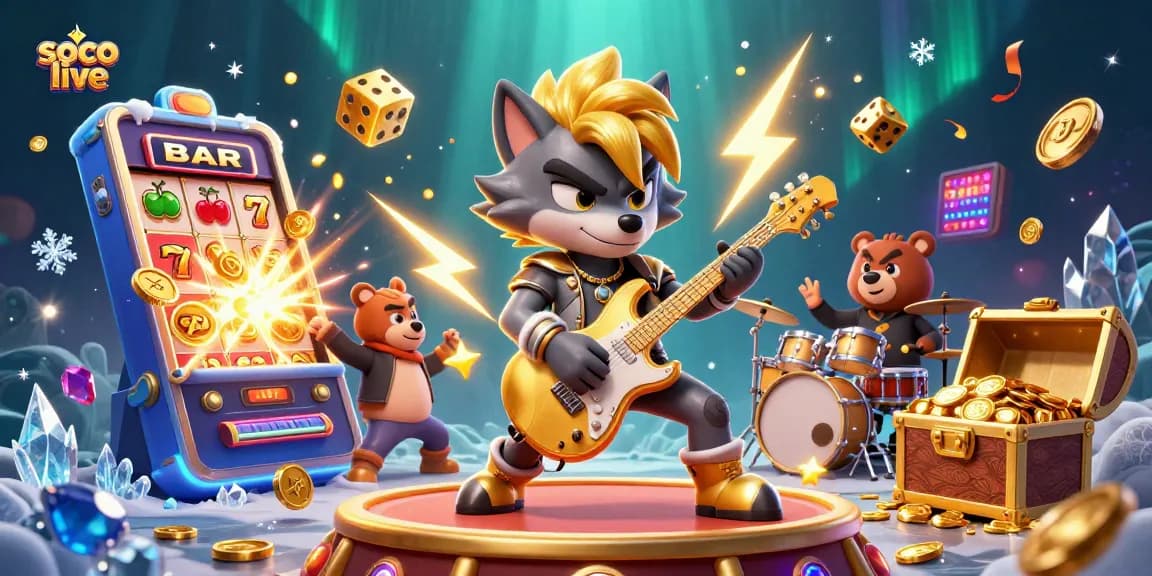 Engage with the exciting soco live experience featuring a rock star wolf and casino elements.