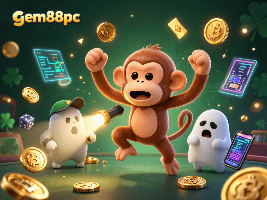 Experience the excitement of gem88pc as a mischievous monkey juggles golden casino treasures in a vibrant scene.