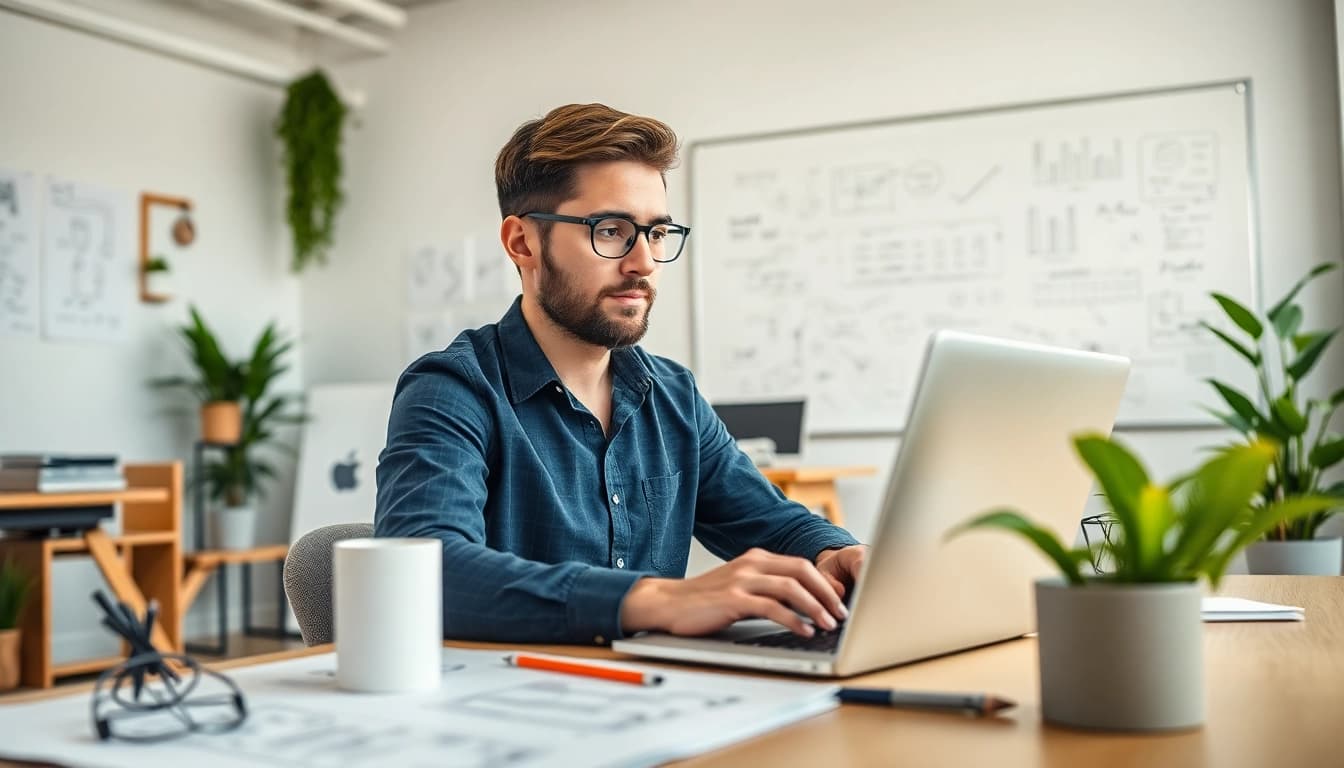 Shopware Freelancer arbeitet konzentriert in einem modernen Büro und gestaltet kreative Lösungen.