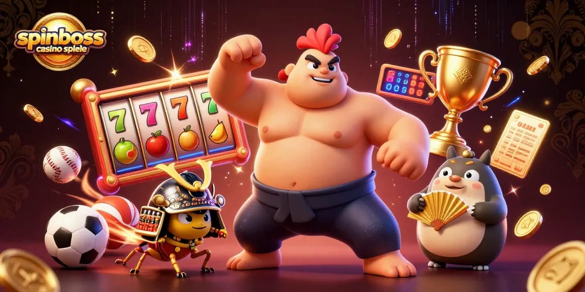 Ein spannendes Szenenbild mit spinboss casino spiele, das einen Sumo-Hahn, eine Samurai-Grille und einen Tanuki-Moderatoren zeigt.