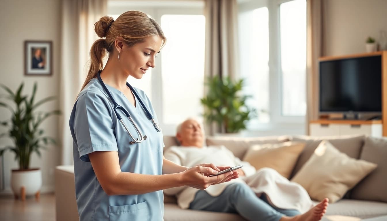 Intensivpflege Frankfurt in action, nurse providing personal care to a patient in a cozy environment.