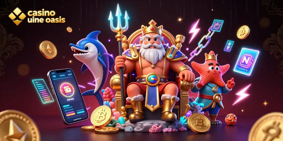 Experience thrilling games in a casino ohne oasis, showcasing vibrant characters and cryptocurrencies.