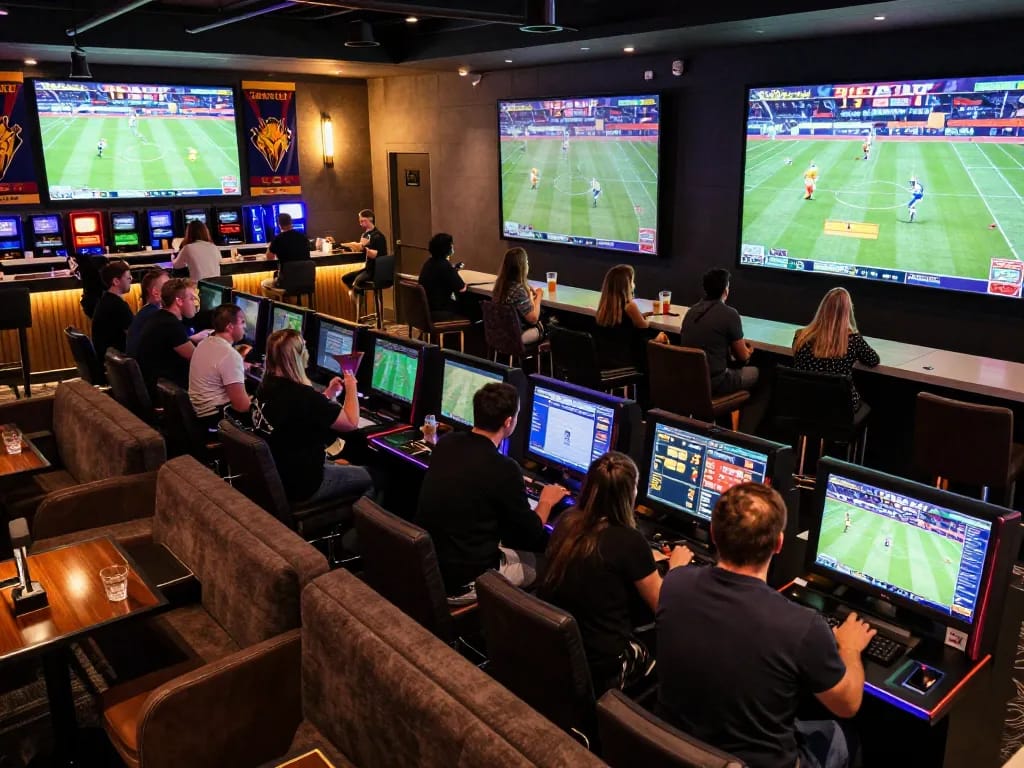 NoHu sports bettors enjoying live matches and analyzing odds in a bustling casino lounge.
