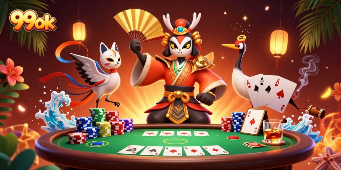 Engage in winning strategies at 99ok with immersive 3D casino action featuring colorful poker elements.