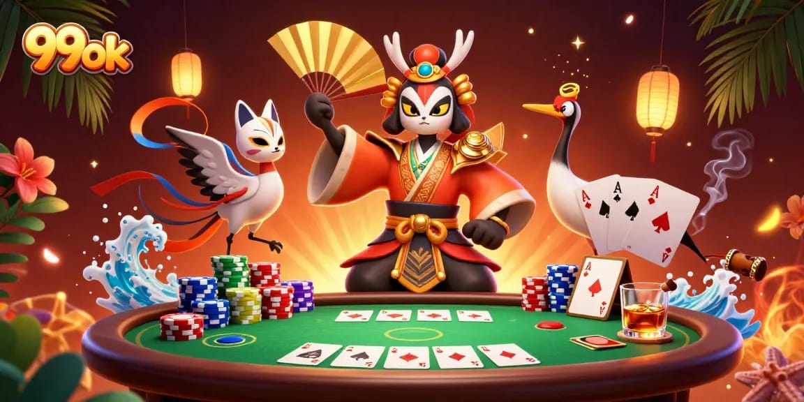 Engage in winning strategies at 99ok with immersive 3D casino action featuring colorful poker elements.