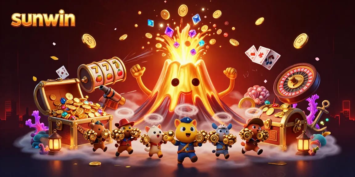 Engage with sunwin's vibrant casino world featuring a golden volcano and slot machines.