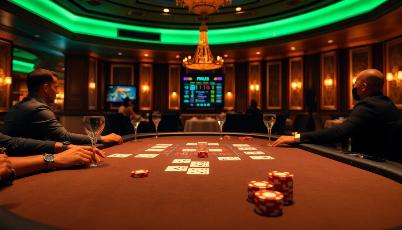 Online casino as elegant poker game unfolds under warm lights, capturing excitement.
