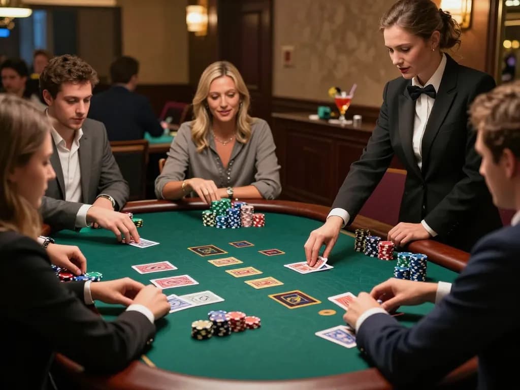 Players engaging in intense blackjack game at an upscale casino table featuring colorful chips and strategic gameplay around the sc 88.