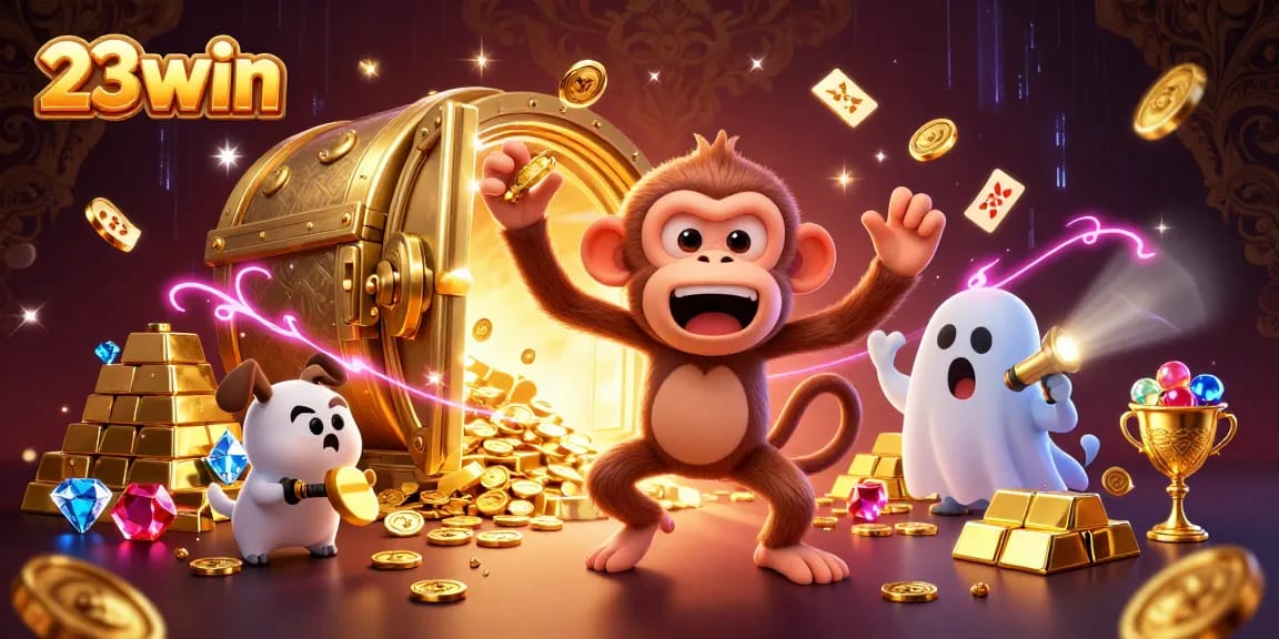 Experience the excitement of 23win casino with a lively poltergeist monkey juggling golden treasures in a dynamic gaming scene.
