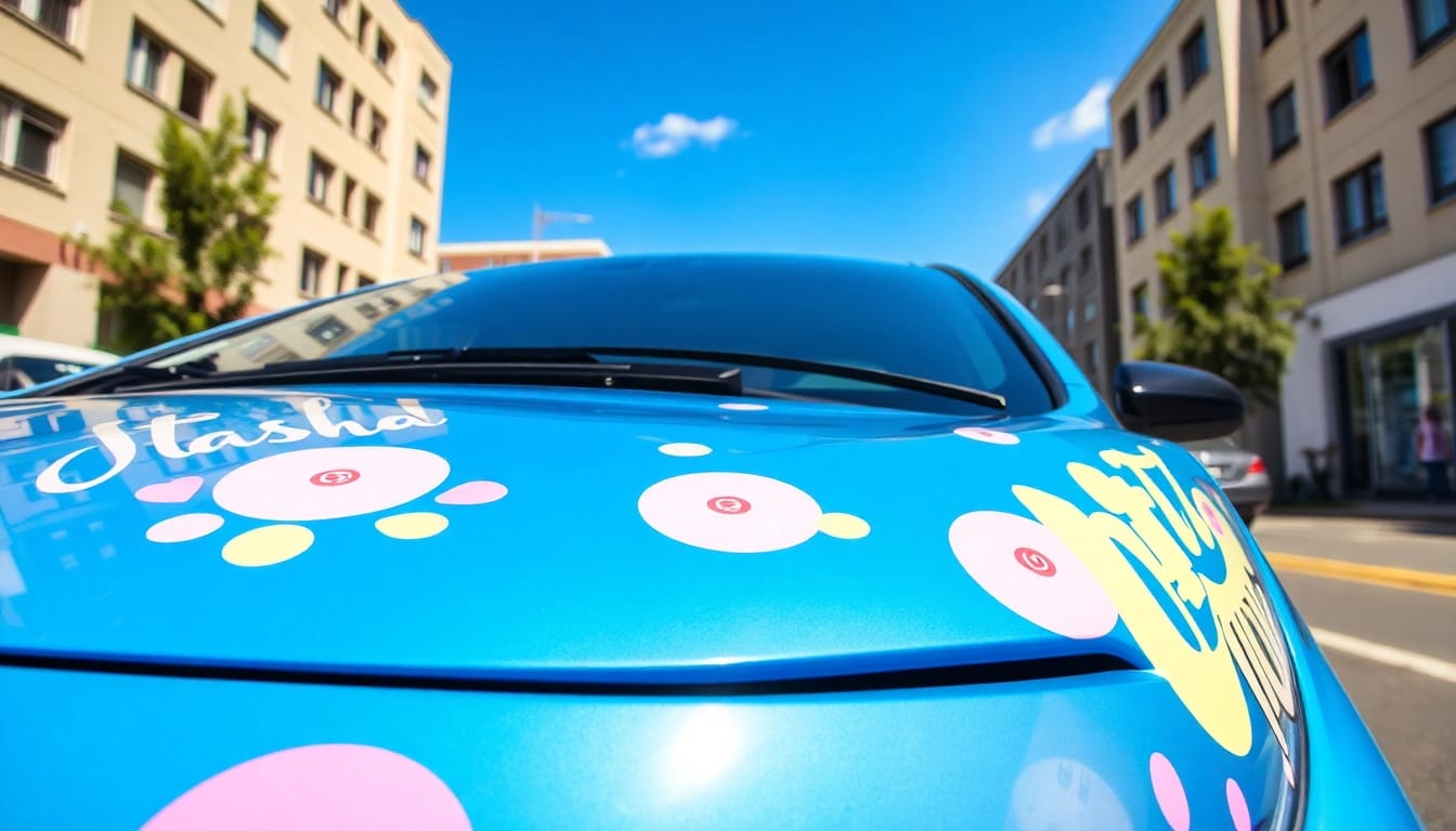 Itasha-Auto mit lebhaften Anime-Aufklebern, das seine Individualität auf der Straße präsentiert.
