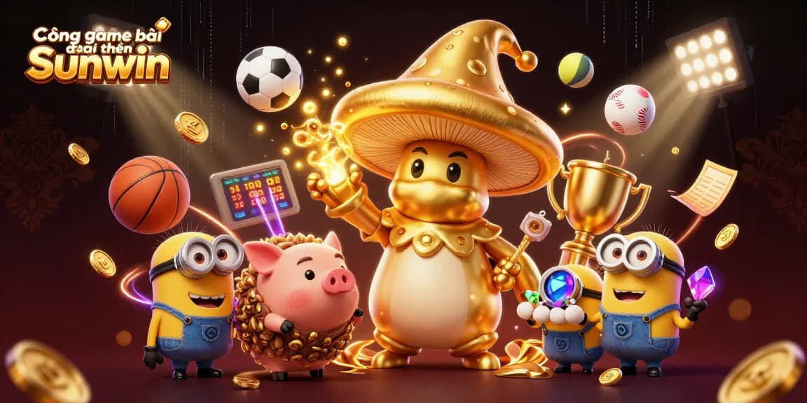 Cổng game bài đổi thưởng Sunwin showcases a vibrant 3D casino illustration with a golden mushroom wizard, sports elements, and treasure.