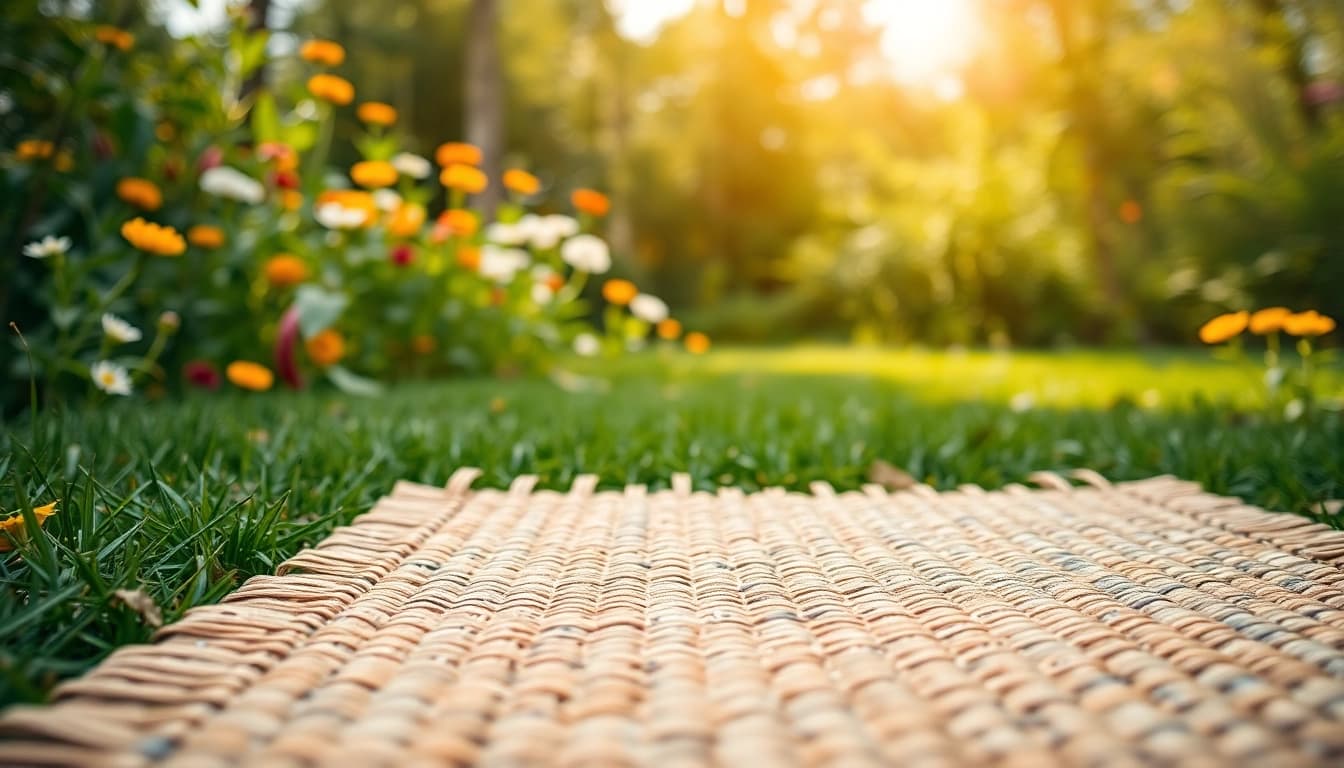 Hanfmatte in einem natürlichen Garten, die umgebenden Blumen und die Struktur hervorhebend.