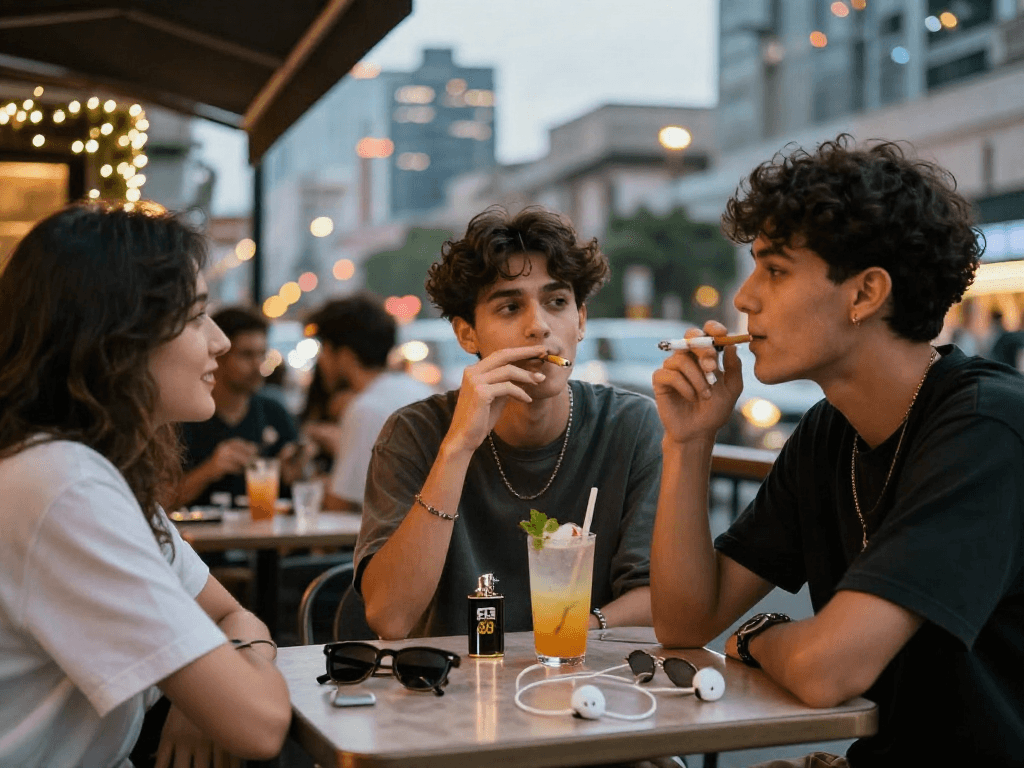 Enjoying rokok 88 cigarettes at a lively café with friends in a vibrant urban setting.