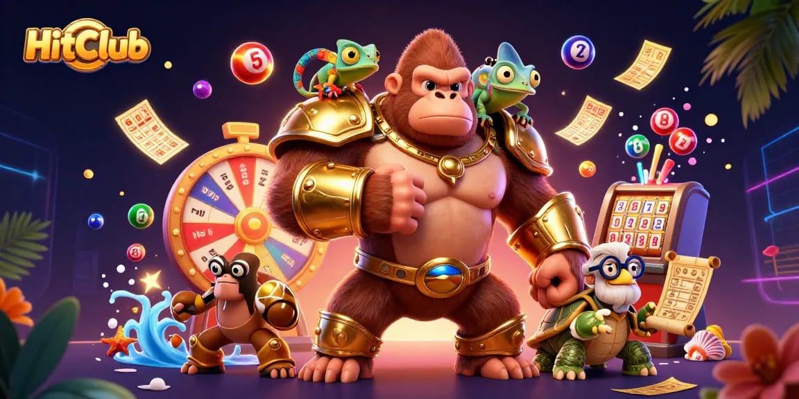 HitClub showcases a vibrant 3D scene with a gorilla king and colorful lottery elements, creating a lively gambling atmosphere.