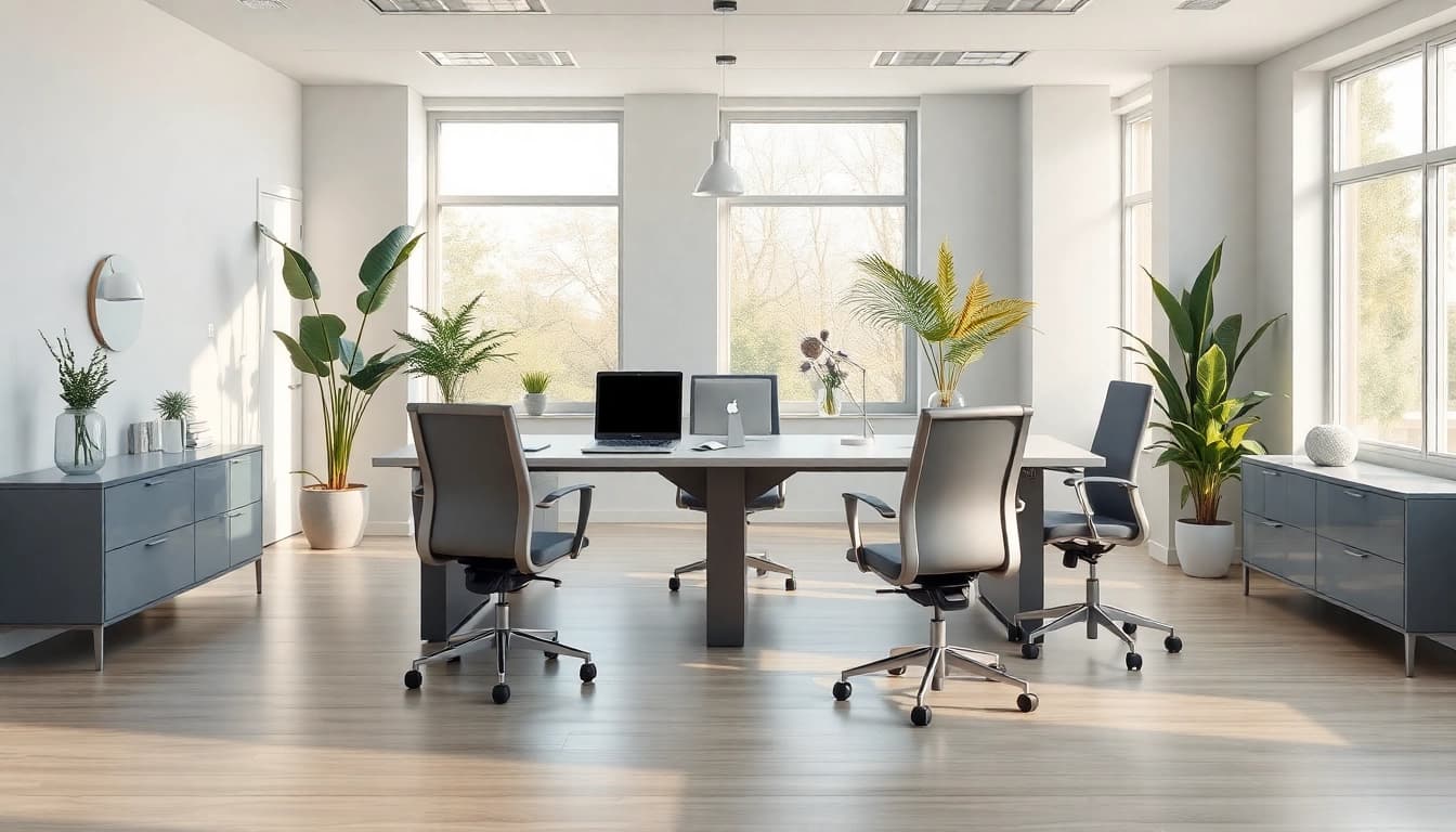 Büromöbel in einem modernen Büro mit angenehmer Beleuchtung und eleganter Einrichtung.