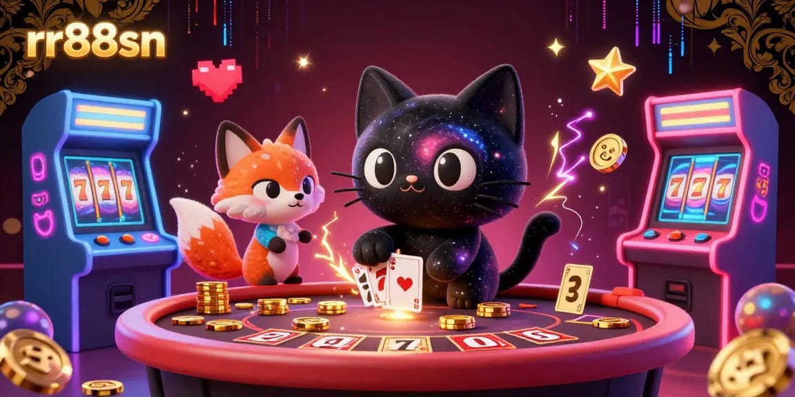 Engage with rr88sn's vibrant cosmic casino scene featuring characters and immersive game elements.