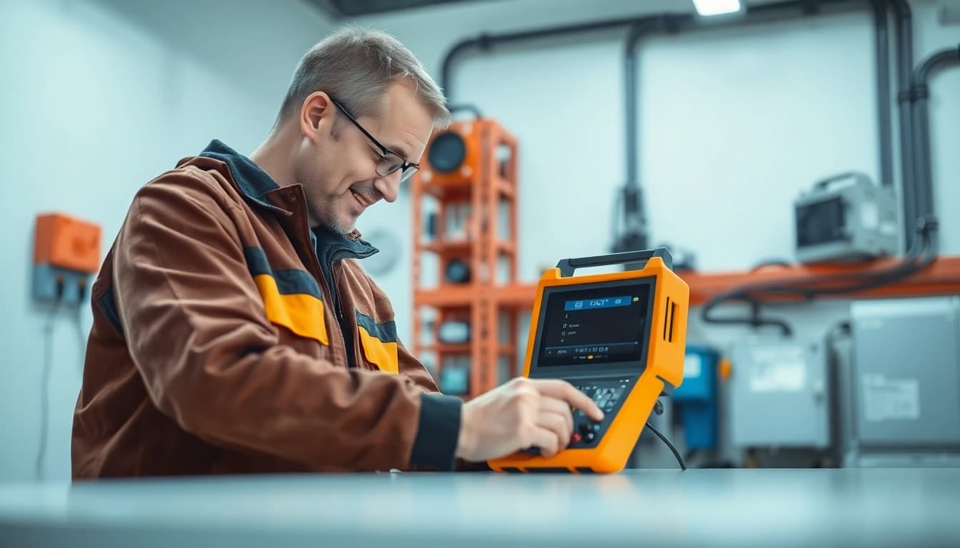 Techniker führt eine DGUV V3 Prüfung durch und kontrolliert elektrische Geräte auf Sicherheit und Funktionalität.