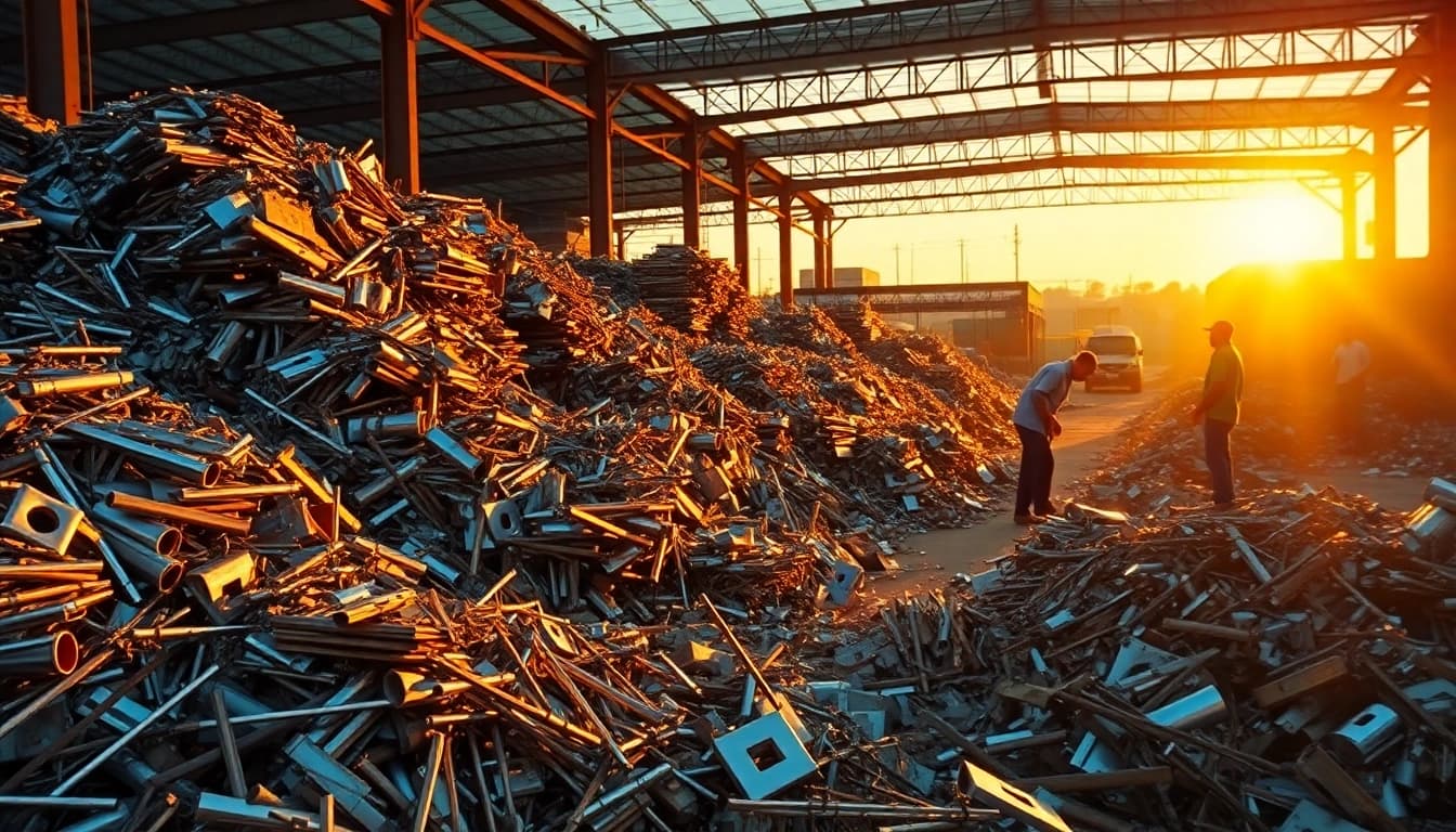 Schrottabholung Remscheid: Workers sorting valuable scrap metal like copper and aluminum in an eco-friendly yard space.